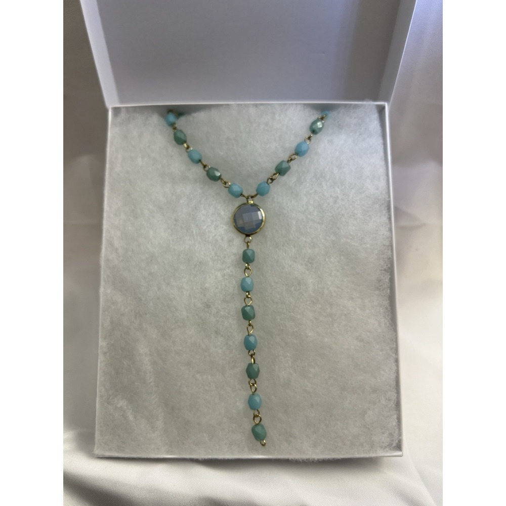 Turquoise Rosary Like 35" Necklace With Y Drop Hanging From Blue Glass Medallion